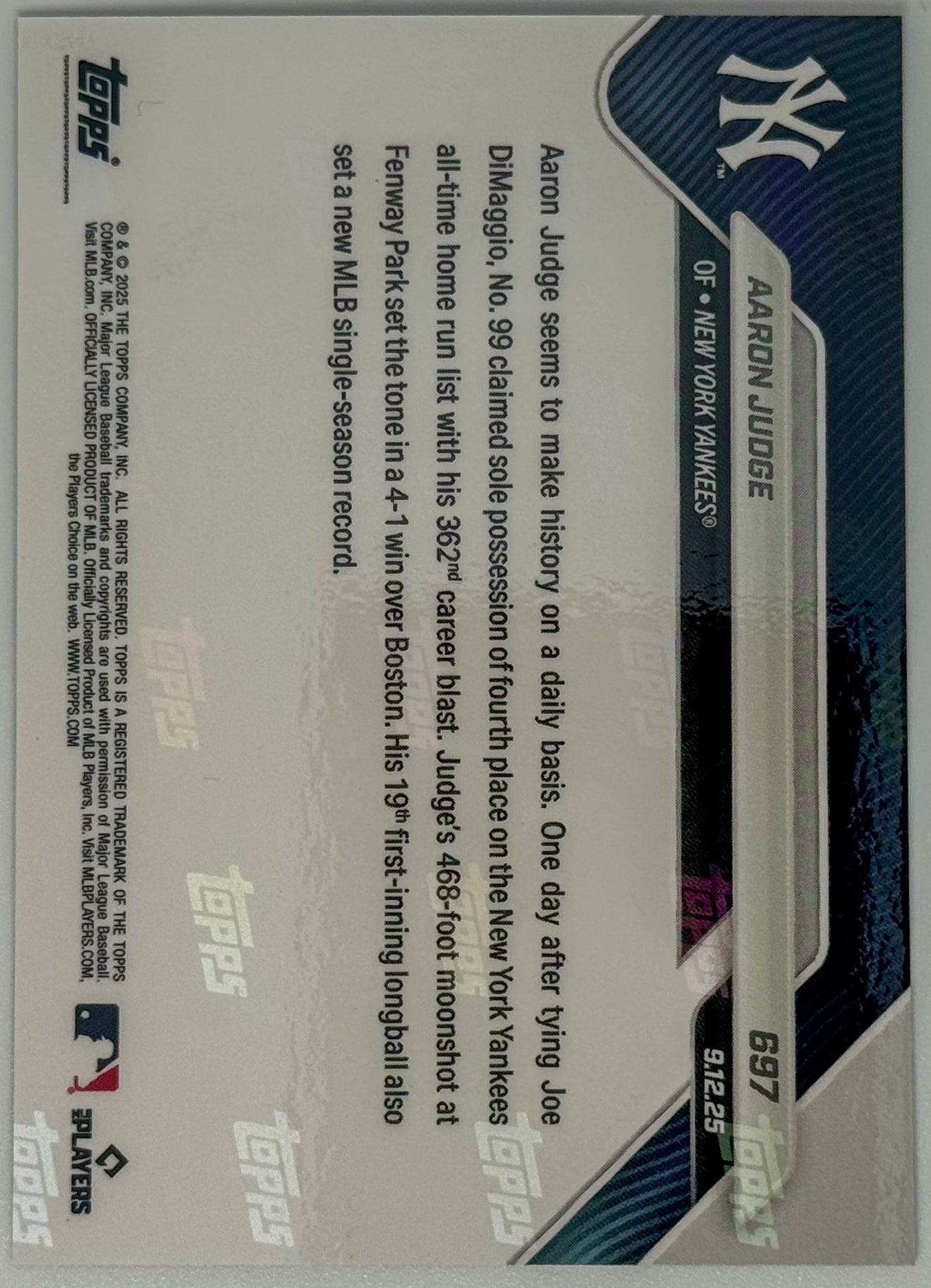 Aaron Judge - 2025 MLB Topps NOW® - Card 697